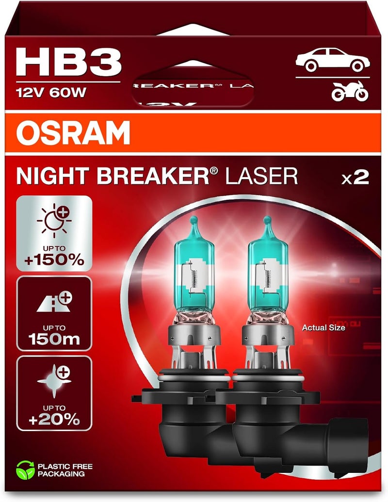 OSRAM Night Breaker Laser HB3, +150% More Brightness, Halogen Headlight Bulb, 9005NL-2HB, 12 V Car, Hanging Box (2 Lamps) - Image 1